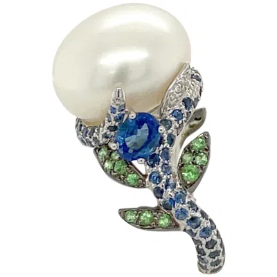 Pre-owned Cellini 18 Karat White Gold Pearl, Diamond, 2.08 Carat Blue Sapphire And Tsavorite Ring