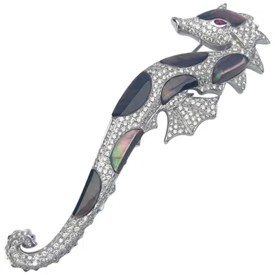 Pre-owned Cellini 18 Karat White Gold Seahorse Brooch, Diamonds And Black Mother Of Pearl