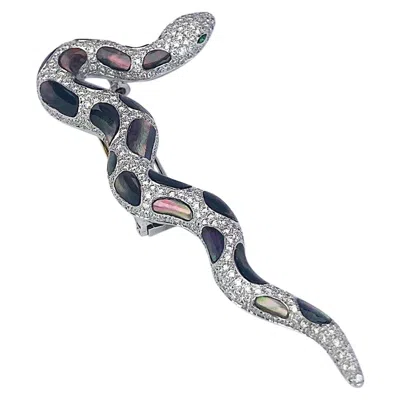 Pre-owned Cellini 18 Karat White Gold Snake Brooch With Diamonds And Black Mother Of Pearl