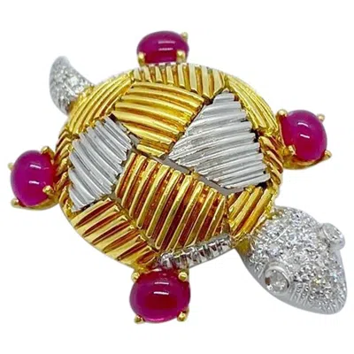Pre-owned Cellini 18 Karat Yellow & White Gold Turtle Brooch With 2.08ct Rubies & Diamonds