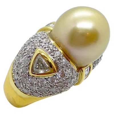 Pre-owned Cellini 18 Karat Yellow Gold, 3.60 Carat Diamond And South Sea Golden Pearl Ring
