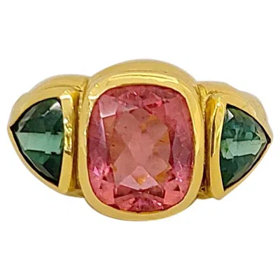 Pre-owned Cellini 18 Karat Yellow Gold 6.63 Carat Rubellite And Green Tourmaline Ring
