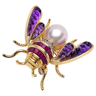 Pre-owned Cellini 18 Karat Yellow Gold Bee Brooch With Ruby, Diamond, Amethyst And South Sea Pearl