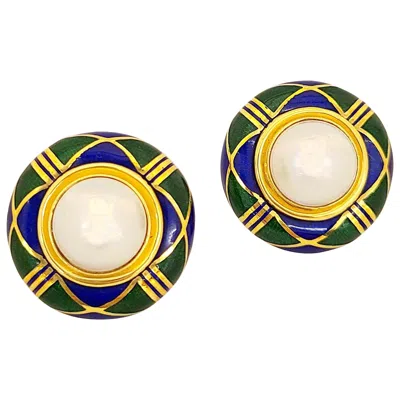 Pre-owned Cellini 18 Karat Yellow Gold Enamel Earrings With Mabe Pearl Centers
