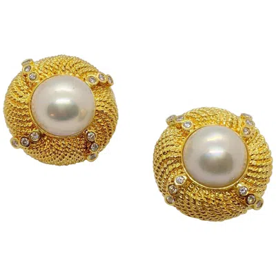 Pre-owned Cellini 18 Karat Yellow Gold Mabe Pearl Button Earrings With .72 Carat Diamonds