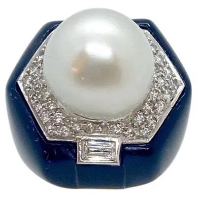 Pre-owned Cellini 18 Karat Yellow Gold, Onyx, .45 Carat Diamond And South Sea Pearl Cocktail Ring