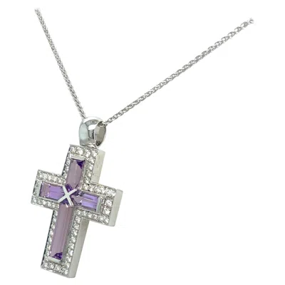 Pre-owned Cellini 18 Kt White Gold Cross Pendant Diamond 0.63 Cts. And Amethyst 1.00 Cts.