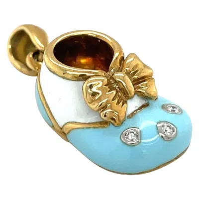 Pre-owned Cellini 18 Kt Yellow Gold Light Blue & White Enamel Baby Shoe Diamond .04ct. And Bow