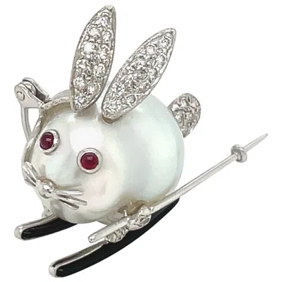 Pre-owned Cellini 18k White Gold Baroque Pearl Ski Bunny Brooch With Diamonds And Rubies