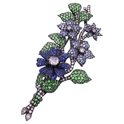 Pre-owned Cellini 18kt Blackened Gold Flower Brooch With Blue Sapphires, Tsavorites And Diamonds