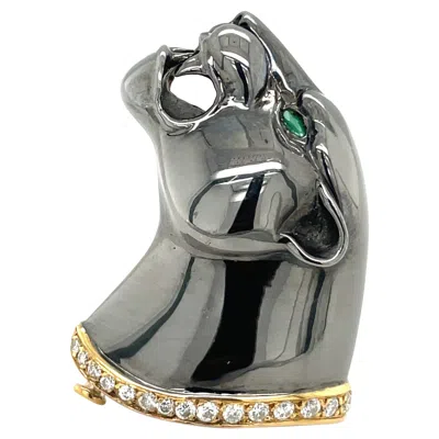 Pre-owned Cellini 18kt Blackened Gold Panther Brooch With Diamond 0.30ct And Emerald In Green