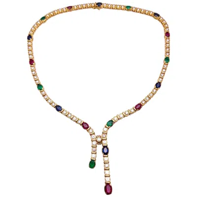 Pre-owned Cellini 18kt Gold, 4.97ct. Diamond & Oval Sapphire, Ruby, Emerald Lariat Style Necklace In Green