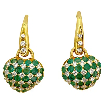 Pre-owned Cellini 18kt Gold Hanging Heart Earring 2.00 Carat Emerald & .74 Carat Diamonds In Green