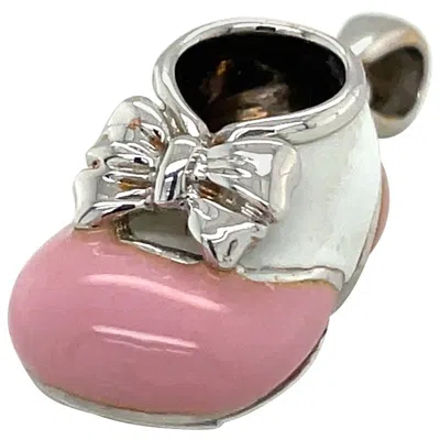 Pre-owned Cellini 18kt Wg Baby Shoe Charm With Pink And White Enamel With Bow