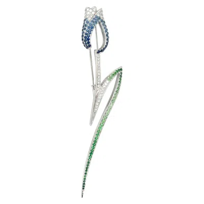 Pre-owned Cellini 18kt White Gold 1.40ct Blue Sapphire .85ct Diamond Tulip Brooch