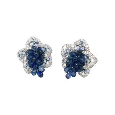 Pre-owned Cellini 18kt White Gold 19.54ct Blue Sapphire Flower Earrings