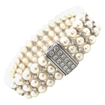 Pre-owned Cellini 18kt White Gold 2.90ct Diamond & 3 Row Cultured Pearl Bracelet