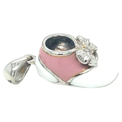 Pre-owned Cellini 18kt White Gold Baby Shoe White And Pink Enamel With Bow