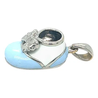 Pre-owned Cellini 18kt White Gold Baby Shoe With White And Light Blue Enamel