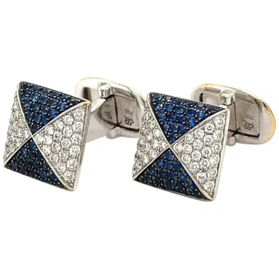 Pre-owned Cellini 18kt White Gold Diamond 0.80ct & Blue Sapphire 1.00ct Cuff Links