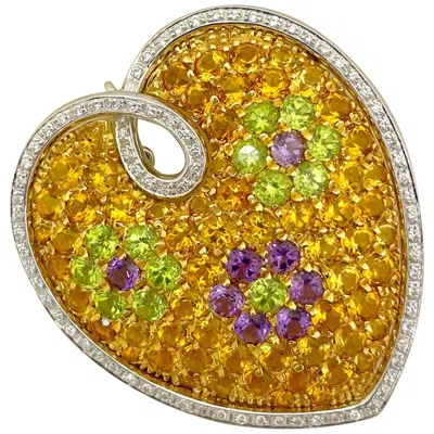 Pre-owned Cellini 18kt Yellow And White Gold Semi-precious Stone Puffed Heart Brooch With Diamonds