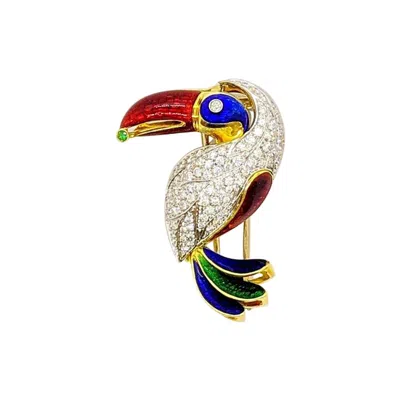 Pre-owned Cellini 18kt Yellow & White Gold Toucan Brooch With 2.18 Carat Diamonds & Colored Enamel