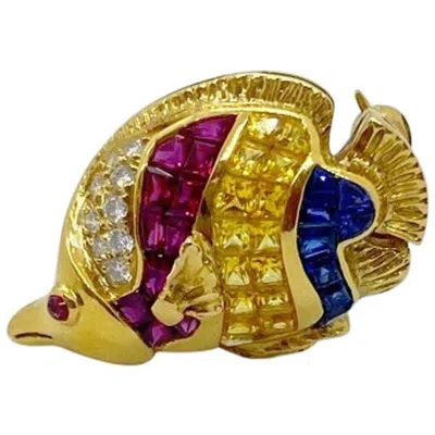 Pre-owned Cellini 18kt Yellow Gold Angelfish Brooch With Invisibly Set Ruby, Sapphires & Diamonds