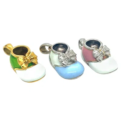Pre-owned Cellini 18kt Yellow Gold Baby Shoe Charm Green/ White Enamel With Yg Bow