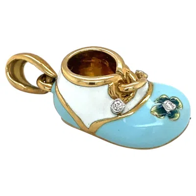 Pre-owned Cellini 18kt Yellow Gold Baby Shoe With Light Blue /white Enamel Diamond Flower .04ct
