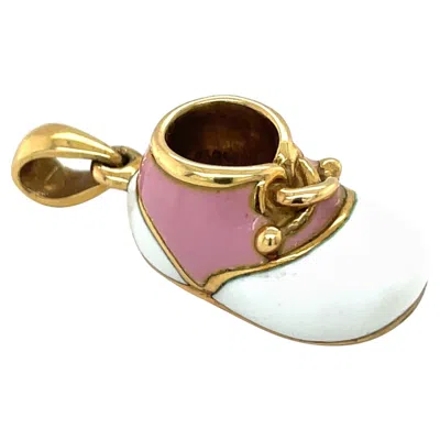 Pre-owned Cellini 18kt Yellow Gold Baby Shoe With Pink & White Enamel With Laces