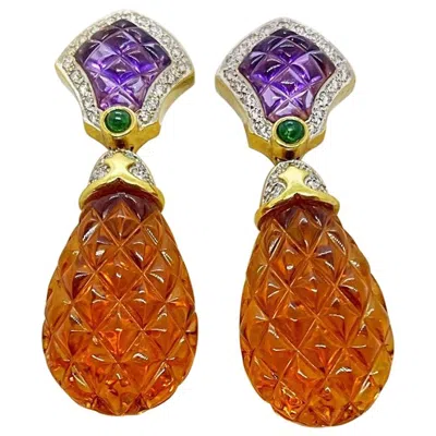 Pre-owned Cellini 18kt Yellow Gold Carved Citrine And Amethyst, 0.79ct Diamond Pineapple Earrings