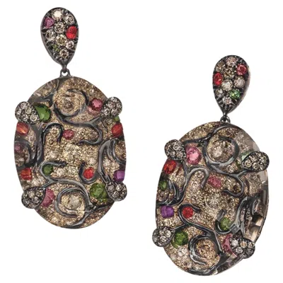 Pre-owned Cellini 18kt Yellow Gold Hanging Earrings With 28.00 Brown Qtz. 1.80 Ct Brown Diamonds