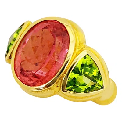 Pre-owned Cellini 18kt Yellow Gold Ring With 8.05 Carat Rubellite And 3.46 Carat Peridot
