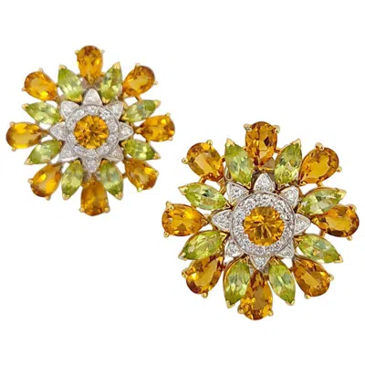 Pre-owned Cellini 18kt Yg, 12.60ct. Citrine, 4.6ct. Peridot And .43 Carat Diamond Earrings In Multi