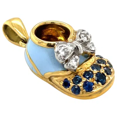 Pre-owned Cellini 18kt Yg Baby Shoe Charm Diamond Blue Sapphire And Enamel With Bow