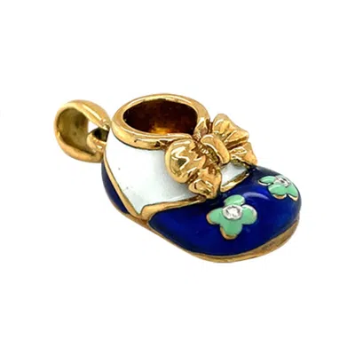Pre-owned Cellini 18kt Yg Baby Shoe Charm With Blue And White Enamel With .02 Diamond And Bow