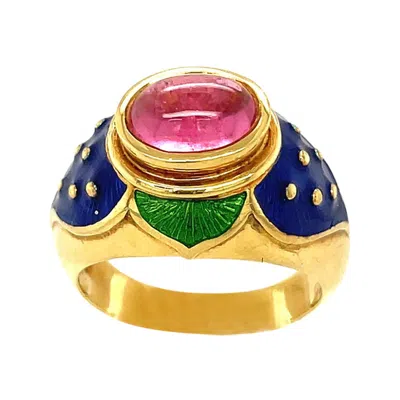 Pre-owned Cellini 18kt Yg Ring With Cabochon Pink Tourmaline Center & Blue & Green Enamel