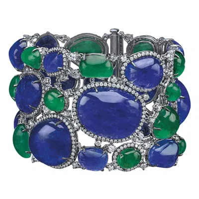 Pre-owned Cellini Cabochon 65.92ct Emerald, 204.40 Tanzanite & 9.81 Carat Diamond Bracelet In Multi