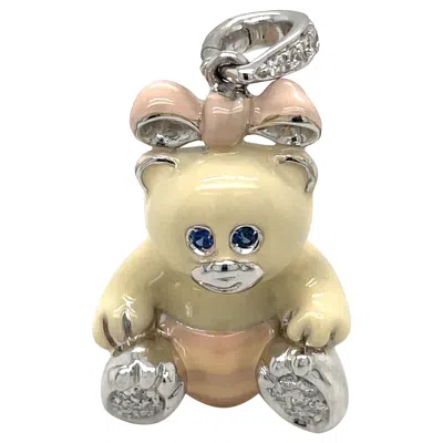 Pre-owned Cellini Exclusive 18kt White Gold 0.16ct. Diamond Enamel Girl Teddy Bear Charm