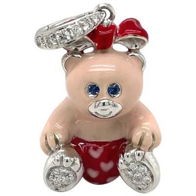 Pre-owned Cellini Exclusive 18kt White Gold 0.16ct. Diamond Enamel Girl Teddy Bear Charm