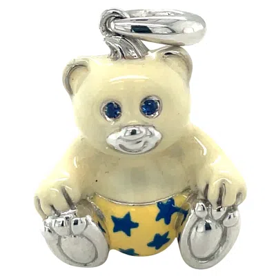 Pre-owned Cellini Exclusive 18kt White Gold Enamel Boy Teddy Bear Charm