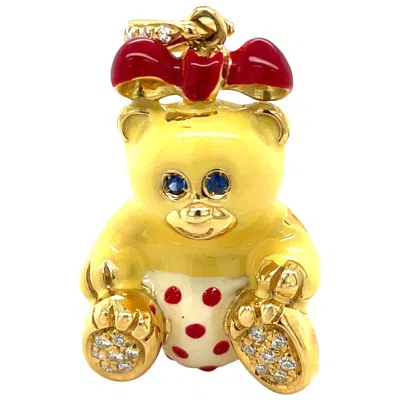 Pre-owned Cellini Exclusive 18kt Yellow Gold 0.16ct. Diamond Enamel Girl Teddy Bear Charm