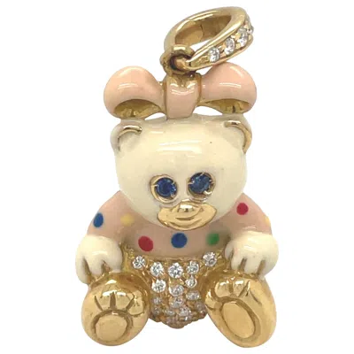 Pre-owned Cellini Exclusive 18kt Yellow Gold 0.30ct. Diamond Enamel Girl Teddy Bear Charm