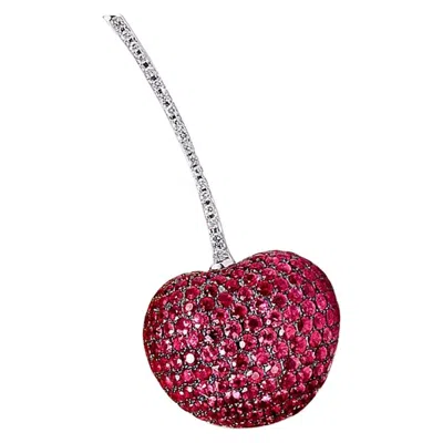 Pre-owned Cellini Jewelers 18 Karat White Gold, 8.85 Carat Ruby And Diamond Cherry Brooch