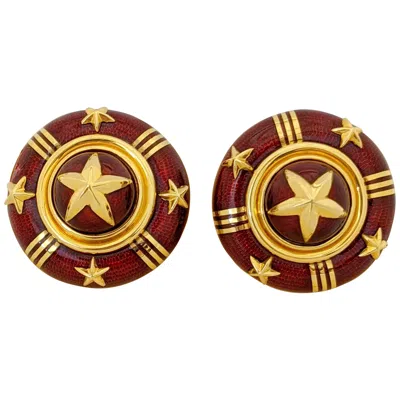Pre-owned Cellini Jewelers 18 Karat Yellow Gold And Red Enamel Star Earrings