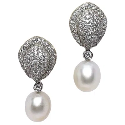 Pre-owned Cellini Jewelers 18kt White Gold, 3.91ct. Diamond & South Sea Pearl Drop Earring