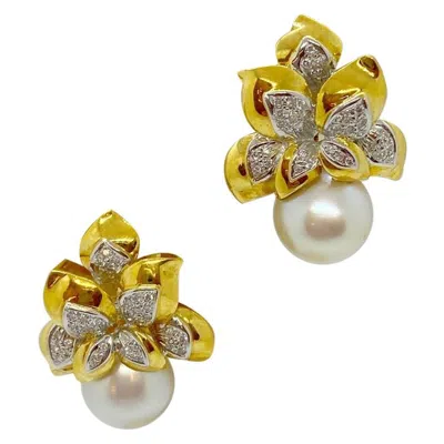 Pre-owned Cellini Jewelers 18kt Yellow Gold South Sea Pearl And .88 Carat Diamond Earrings