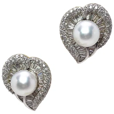 Pre-owned Cellini Jewelers Platinum Leaf Earrings 5.03 Carat Diamonds And South Sea Pearls In Multi
