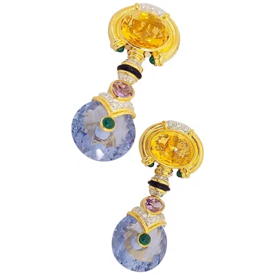 Pre-owned Cellini Nyc 18 Karat Gold Drop Earrings With Citrine, Blue Topaz And Diamonds