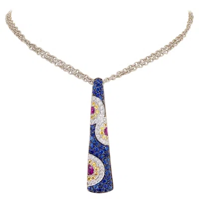 Pre-owned Cellini Nyc 18 Karat White Gold Diamonds, Pink, Blue And Yellow Sapphire Pendant